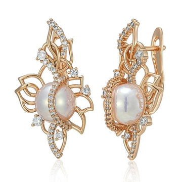 Luxury Unique Pearl Filled 14K Rose Gold Drop Earrings With White AAA Zircon Diamonds Trendy Personalized Jewellery
